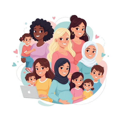 Ilustração de mães e filhos de diversas etnias se apoiando mutuamente.